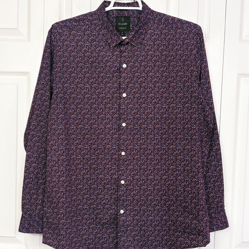 01.Algo Maroon Multi Print Stretch Cotton Slim Fit Button Down Shirt XL